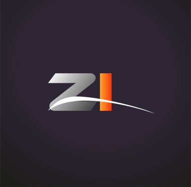 İlk harf ZI logotype şirket adı Renkli Gri ve Turuncu Swoosh tasarımı. Siyah arkaplanda izole.