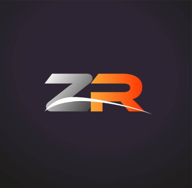 ZR logotype şirketinin ilk harfi. Renkli gri ve turuncu çizim. Siyah arkaplanda izole.