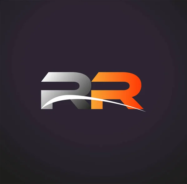 頭文字のRr型ロゴタイプ社名はグレーとオレンジのスウッシュデザイン 黒い背景に隔離され — ストックベクタ