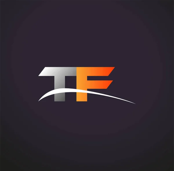 最初的字母Tf标志类型公司的名称有色灰色和橙色Swoosh设计 在黑色背景上隔离 — 图库矢量图片