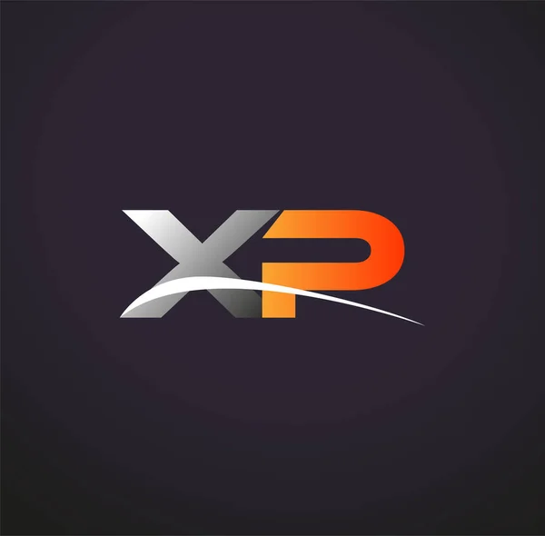 最初の文字Xpのロゴタイプ会社の名前はグレーとオレンジのスウッシュデザインを着色 黒い背景に隔離され — ストックベクタ