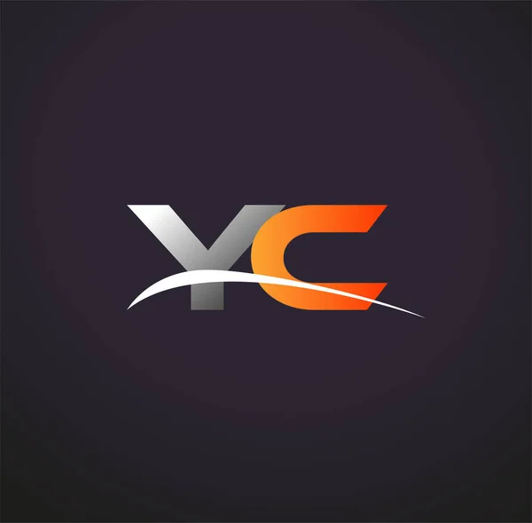 最初的字母Yc标识公司的名称是彩色灰色和橙色的Swoosh设计 在黑色背景上隔离 — 图库矢量图片