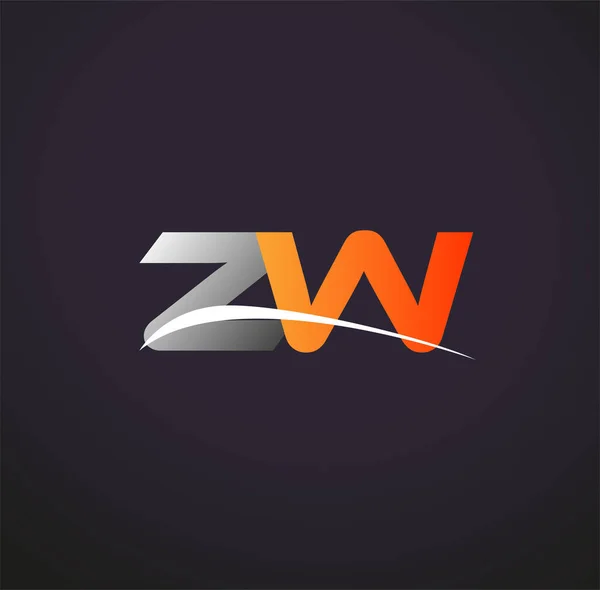 最初的字母Zw标志公司的名称彩色灰色和橙色Swoosh设计 在黑色背景上隔离 — 图库矢量图片
