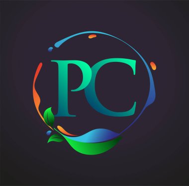 Doğa elementleri logosu, renkli doğa ve çevre logosu olan ilk Harf PC. iş ve şirket kimliği için vektör logosu.