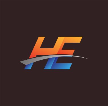 İlk harf He logotype şirketi adı turuncu, mavi ve swoosh tasarımı. iş ve şirket kimliği için vektör logosu.