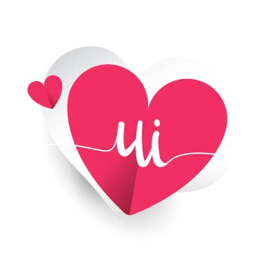 İlk logo harfi UI, kalp şeklinde kırmızı renkli, düğün davetiyesi için logo tasarımı, düğün adı ve iş adı.