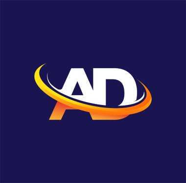 AD 'nin ilk logo şirketinin adı, koyu arka planda izole edilmiş, beyaz ve turuncu renkli desenli. iş ve şirket kimliği için vektör logosu.