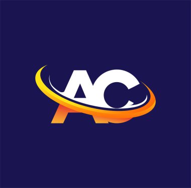 AC 'nin ilk logo şirketinin adı, koyu arkaplanda izole edilmiş beyaz ve turuncu renkli desenli. iş ve şirket kimliği için vektör logosu.