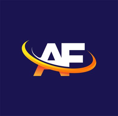 AF 'nin ilk logo şirketi adı, koyu arkaplanda izole edilmiş, beyaz ve turuncu renkli swoosh tasarımı. iş ve şirket kimliği için vektör logosu.