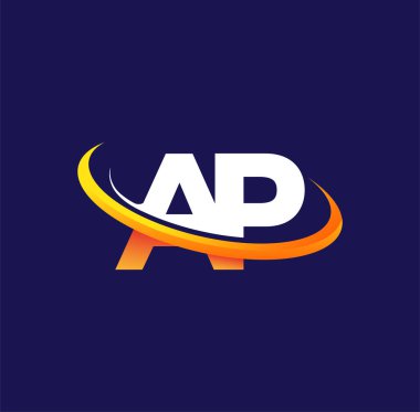 AP 'nin ilk logo şirketinin adı, koyu arkaplanda izole edilmiş beyaz ve turuncu renkli swoosh tasarımı. iş ve şirket kimliği için vektör logosu.