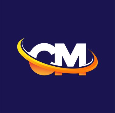CM 'in ilk logo şirketinin adı koyu arkaplanda izole edilmiş beyaz ve turuncu renkli desenli. iş ve şirket kimliği için vektör logosu.