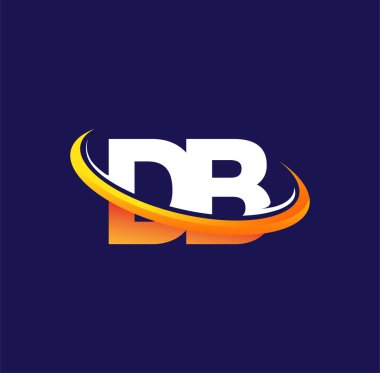 DB 'nin ilk logo şirketi adı, koyu arkaplanda izole edilmiş, beyaz ve turuncu renkli desenli. iş ve şirket kimliği için vektör logosu.