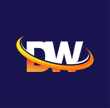 DW 'nin ilk logo şirketi adı, koyu arkaplanda izole edilmiş, beyaz ve turuncu renklendirme tasarımı. iş ve şirket kimliği için vektör logosu.