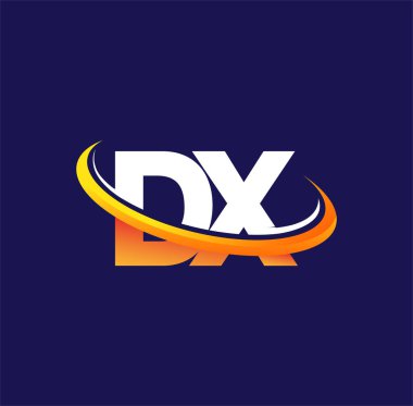 DX 'in ilk logo şirketi adı, koyu arkaplanda izole edilmiş, beyaz ve turuncu renkli swoosh tasarımı. iş ve şirket kimliği için vektör logosu.