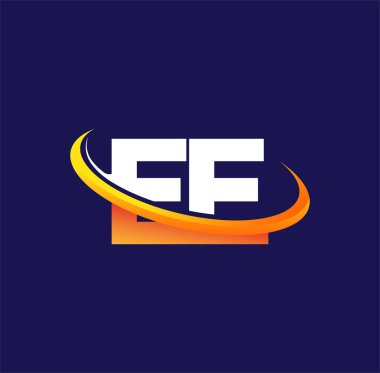 EE 'nin ilk logo şirketinin adı koyu arkaplanda izole edilmiş beyaz ve turuncu renkli desenli. iş ve şirket kimliği için vektör logosu.