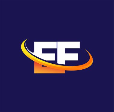 EF 'nin ilk logo şirketi adı, koyu arkaplan üzerinde izole edilmiş beyaz ve turuncu renkli swoosh tasarımı. iş ve şirket kimliği için vektör logosu.