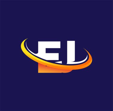 EJ 'in ilk logo şirketi adı, koyu arkaplanda izole edilmiş beyaz ve turuncu renkli swoosh tasarımı. iş ve şirket kimliği için vektör logosu.