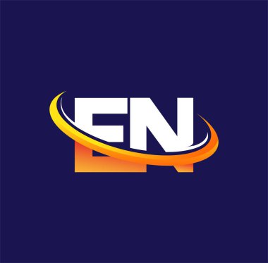 EN ilk logo şirketinin adı, koyu arkaplanda izole edilmiş, beyaz ve turuncu renkli swoosh tasarımı. iş ve şirket kimliği için vektör logosu.