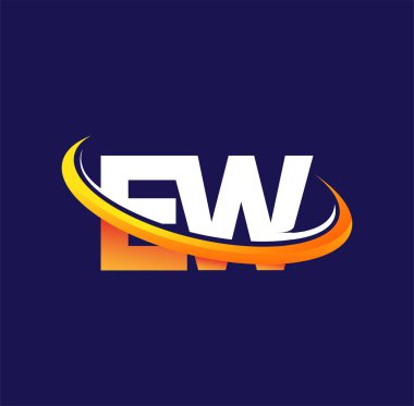 EW 'nin ilk logo şirketinin adı, koyu arkaplanda izole edilmiş beyaz ve turuncu renklendirme tasarımı. iş ve şirket kimliği için vektör logosu.