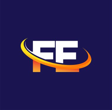 FE 'nin ilk logo şirketinin adı, koyu arkaplanda izole edilmiş beyaz ve turuncu renkte desenli. iş ve şirket kimliği için vektör logosu.