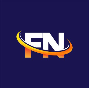 FN 'in ilk logo şirketi adı, koyu arkaplanda izole edilmiş, beyaz ve turuncu renkli desenli. iş ve şirket kimliği için vektör logosu.