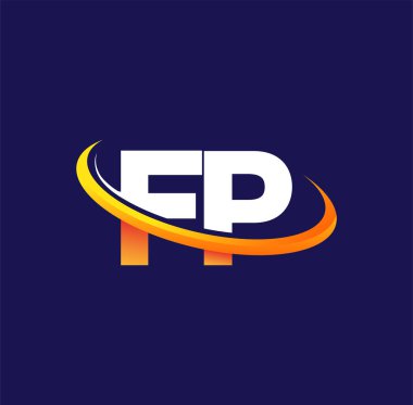 FP 'nin ilk logo şirketinin adı, koyu arkaplanda izole edilmiş beyaz ve turuncu çizim. iş ve şirket kimliği için vektör logosu.