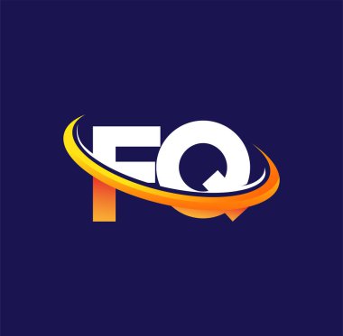 FQ 'nun ilk logo şirketi adı, koyu arkaplanda izole edilmiş, beyaz ve turuncu renkli swoosh tasarımı. iş ve şirket kimliği için vektör logosu.