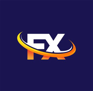 FX 'in ilk logo şirketi adı, koyu arkaplanda izole edilmiş, beyaz ve turuncu renkli swoosh tasarımı. iş ve şirket kimliği için vektör logosu.