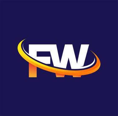 FW ilk logo şirketi adı: Renkli beyaz ve turuncu çizim, koyu arka planda izole edilmiş. iş ve şirket kimliği için vektör logosu.