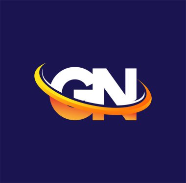 GN 'in ilk logo şirketinin adı koyu arkaplanda izole edilmiş beyaz ve turuncu renkli desenli. iş ve şirket kimliği için vektör logosu.