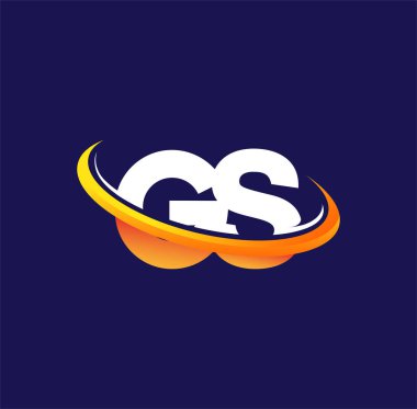 GS 'in ilk logo şirketi adı, koyu arkaplanda izole edilmiş, beyaz ve turuncu renkli desenli. iş ve şirket kimliği için vektör logosu.