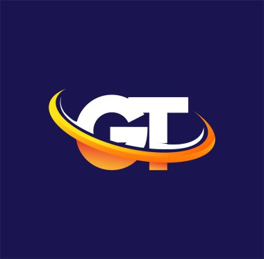 GT 'nin ilk logo şirketinin adı, koyu arkaplanda izole edilmiş beyaz ve turuncu renkli swoosh tasarımı. iş ve şirket kimliği için vektör logosu.