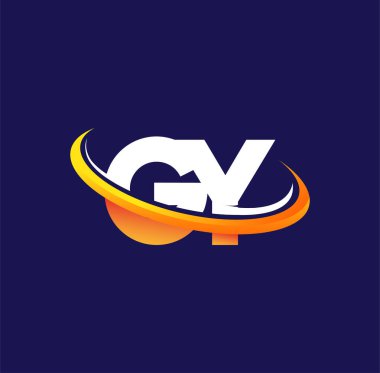 GY 'nin ilk logo şirketinin adı koyu arka planda izole edilmiş, beyaz ve turuncu renkli swoosh tasarımı. iş ve şirket kimliği için vektör logosu.