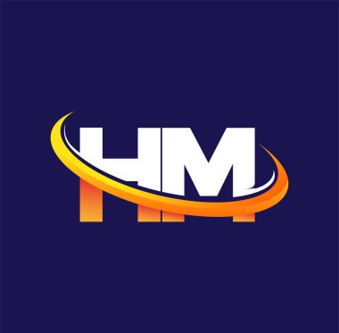 HM 'nin ilk logo şirketinin adı koyu arkaplanda izole edilmiş beyaz ve turuncu renkli desenli. iş ve şirket kimliği için vektör logosu.