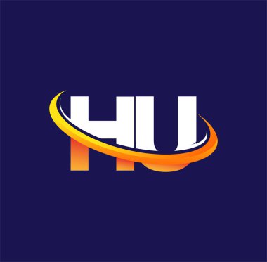 HU 'nun ilk logo şirketi lakabı beyaz ve turuncu renkli, arka planda izole edilmiş. iş ve şirket kimliği için vektör logosu.