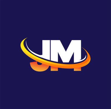 JM 'in ilk logo şirketinin adı koyu arkaplanda izole edilmiş beyaz ve turuncu renkli desenli. iş ve şirket kimliği için vektör logosu.