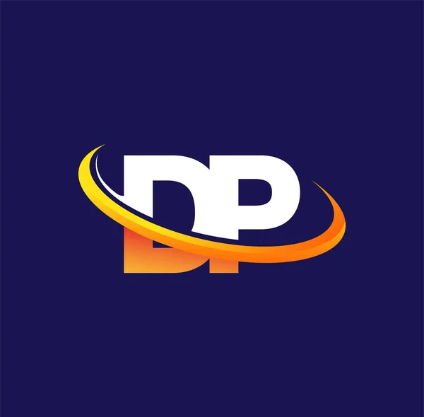 Dp初期ロゴ会社名は 暗い背景に隔離された白とオレンジのスウッシュデザインを着色しました ビジネスと会社のアイデンティティのためのベクトルロゴ — ストックベクタ