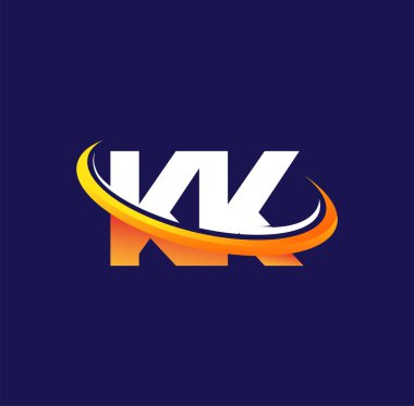 KK 'nın ilk logo şirketinin adı koyu arkaplanda izole edilmiş beyaz ve turuncu çizim. iş ve şirket kimliği için vektör logosu.
