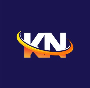 KN 'nin ilk logo şirketi adı, koyu arkaplanda izole edilmiş beyaz ve turuncu renkli swoosh tasarımı. iş ve şirket kimliği için vektör logosu.
