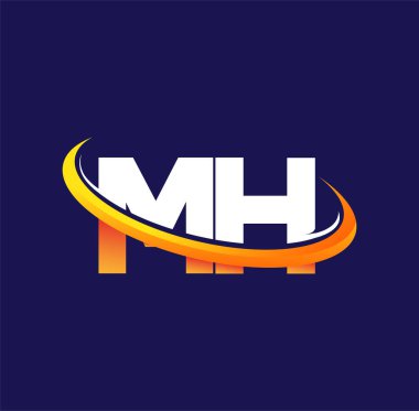 MH 'nin ilk logo şirketi adı beyaz ve turuncu renklerde, koyu arkaplanda izole edilmiş. iş ve şirket kimliği için vektör logosu.