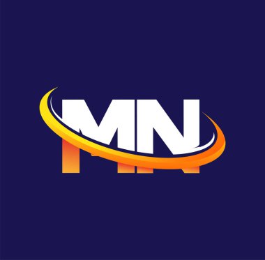 MN 'in ilk logo şirketi adı, koyu arkaplanda izole edilmiş beyaz ve turuncu renkler. iş ve şirket kimliği için vektör logosu.