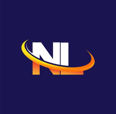 NL 'nin ilk logo şirketi adı, koyu arkaplanda izole edilmiş, beyaz ve turuncu renkli Swoosh tasarımı. iş ve şirket kimliği için vektör logosu.