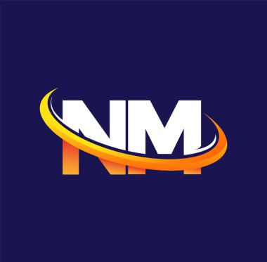 NM 'nin ilk logo şirketi adı, koyu arkaplanda izole edilmiş, beyaz ve turuncu renkli swoosh tasarımı. iş ve şirket kimliği için vektör logosu.