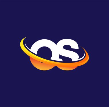 İşletim sistemi logo şirketinin ilk adı beyaz ve turuncu renkli, koyu arkaplanda izole edilmiş. iş ve şirket kimliği için vektör logosu.