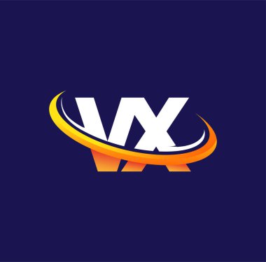 VX 'in ilk logo şirketi adı, koyu arkaplanda izole edilmiş, beyaz ve turuncu renkli swoosh tasarımı. iş ve şirket kimliği için vektör logosu.