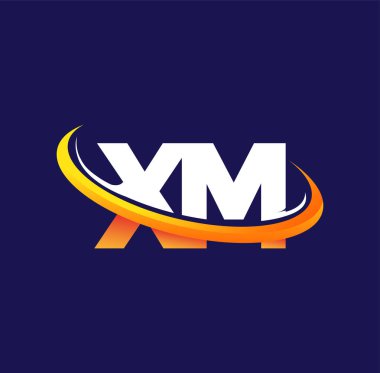 XM 'nin ilk logo şirketi adı, koyu arkaplanda izole edilmiş, beyaz ve turuncu renkli swoosh tasarımı. iş ve şirket kimliği için vektör logosu.