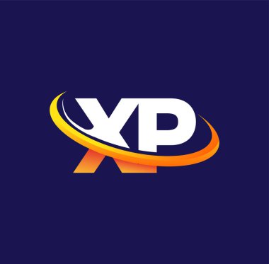 XP 'nin ilk logo şirketi adı: Siyah arka planda izole edilmiş, beyaz ve turuncu renkli Swoosh tasarımı. iş ve şirket kimliği için vektör logosu.