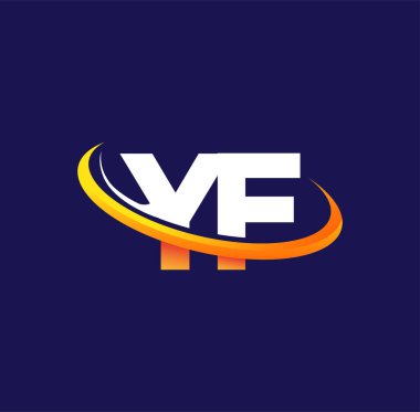 YF 'nin ilk logo şirketi adı, koyu arkaplanda izole edilmiş, beyaz ve turuncu renkli desenli. iş ve şirket kimliği için vektör logosu.