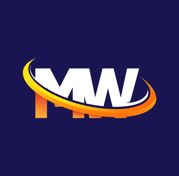Mw最初的标志公司名称为彩色白色和橙色的Swoosh设计 隔离在黑暗的背景 企业和公司标识的矢量标识 — 图库矢量图片