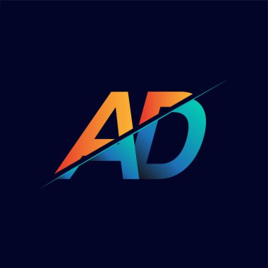 AD 'nin ilk logo şirketi adı mavi ve turuncu, basit ve modern logo tasarımı.